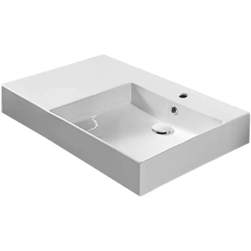 Rectangular Ceramic Wall Mount/Drop In Bathroom Sink with Overflow, Right Offset Basin and Single Faucet Hole - White