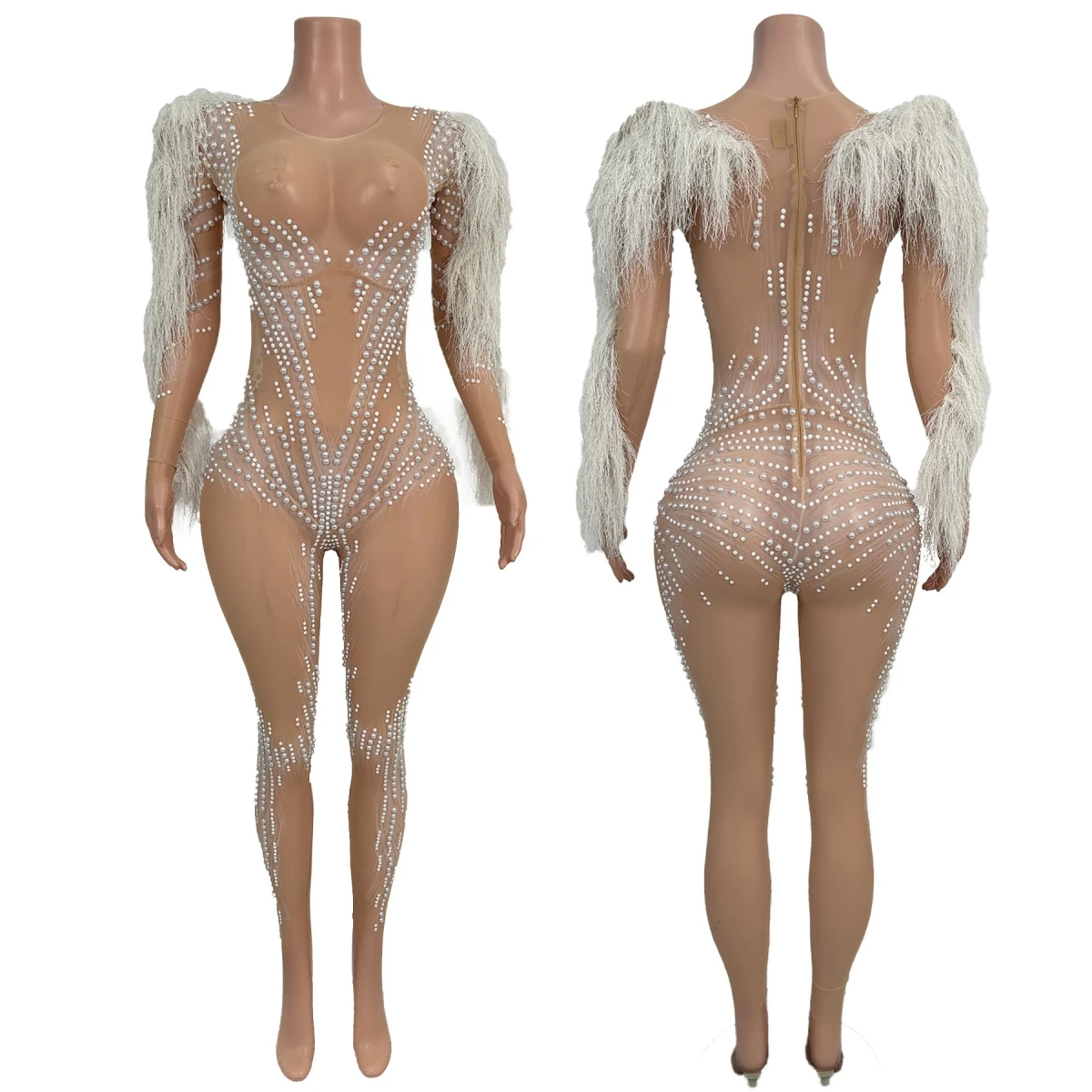 

Sexy Pearls Mesh Tight Fitting Jumpsuit Birthday Celebrate Party Dance Outfit Club Carnival Drag Queen Performer Wear Bingshuang