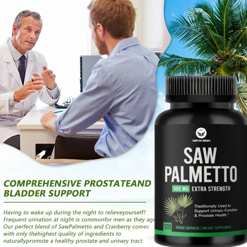 Suplemento de próstata Saw Palmetto masculino, bloqueador DHT para crescimento capilar e minção frequente reduzida, cápsulas veganas, 120 contagens