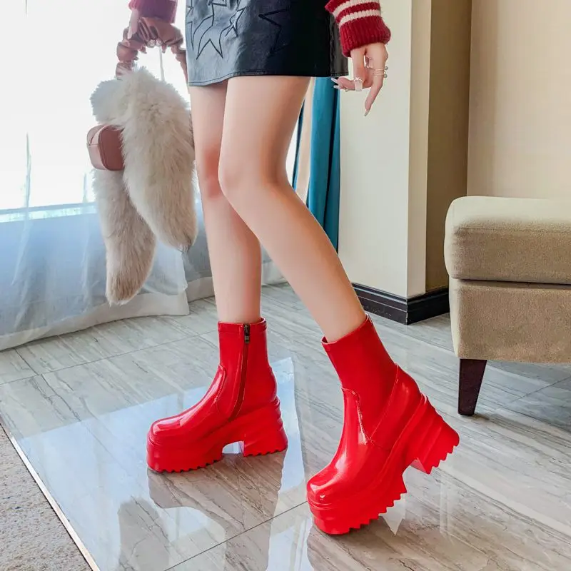 SIMLOVEYO Patent Leather Women Ankle Boots Toe Chunky Heels 9cm Platform Hill Size 42 43 Fashion Party Booty