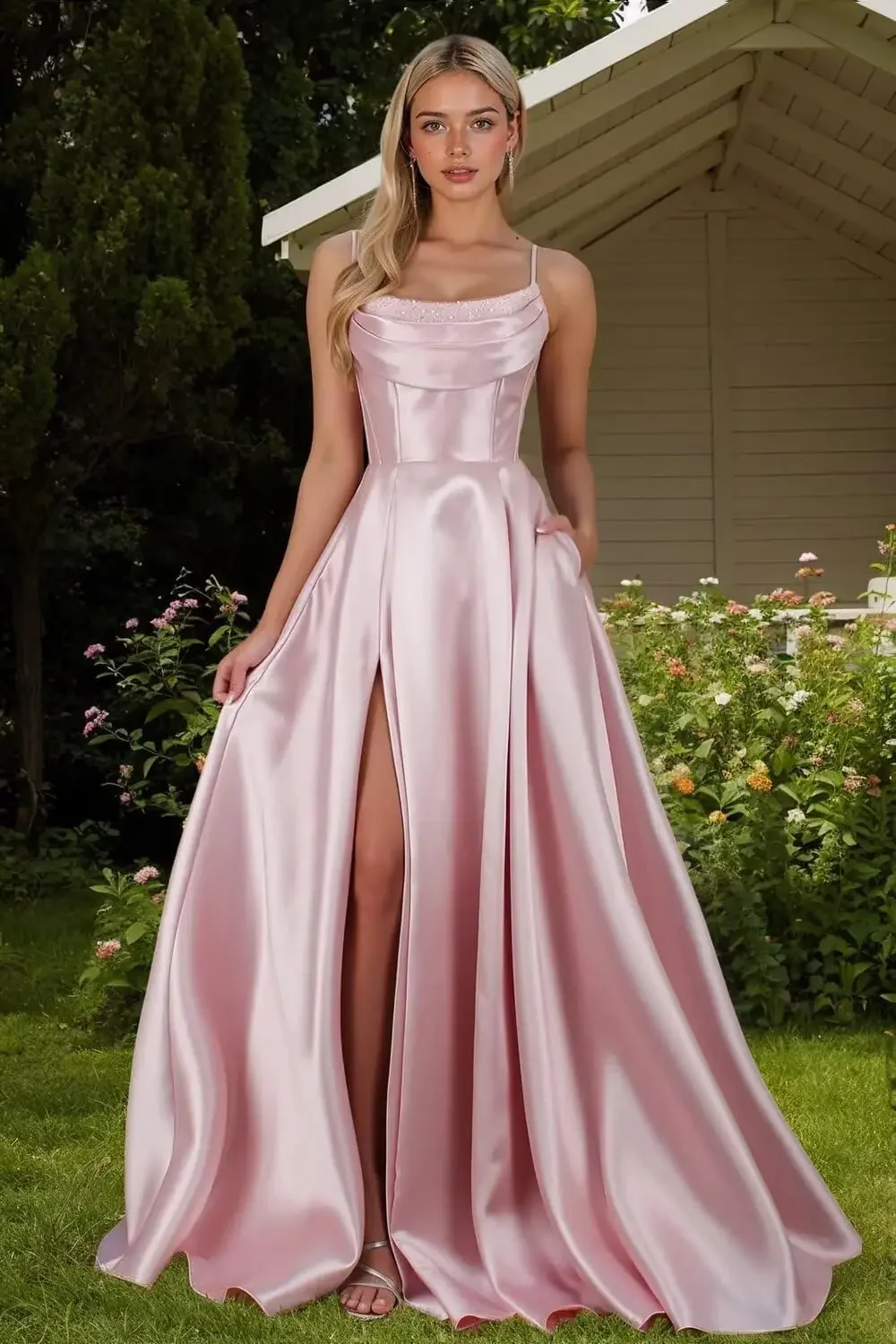 

Custom Satin Prom Dresses with Slit 2025 Spaghetti Straps Cowl Neck Formal Dress A Line Ball Gowns with Pockets Evening Gown