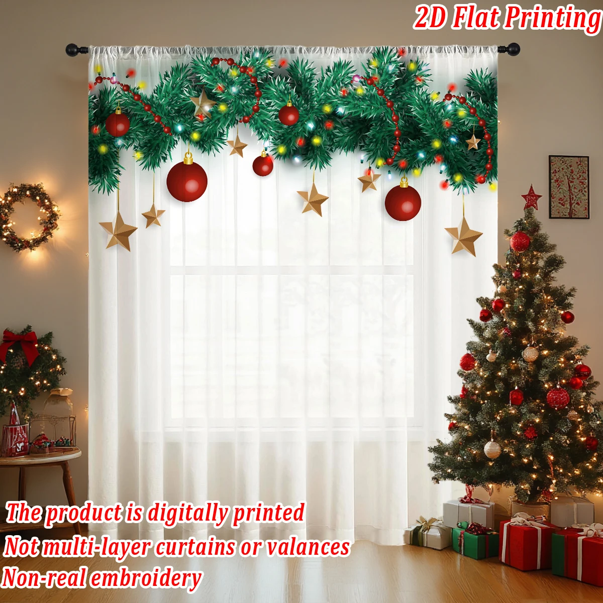 Tenda velata con stampa piatta natalizia con palla di Natale, ornamento a stella, ramo di pino per decorazioni per la camera da letto del soggiorno, feste