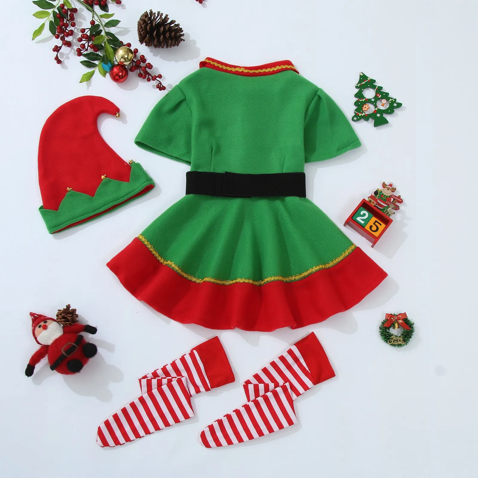 Christmas Child Costume Green Elf Cosplay Carnival Party New Year Fancy Dress Clothes Set For Girls Party Performance Clothing