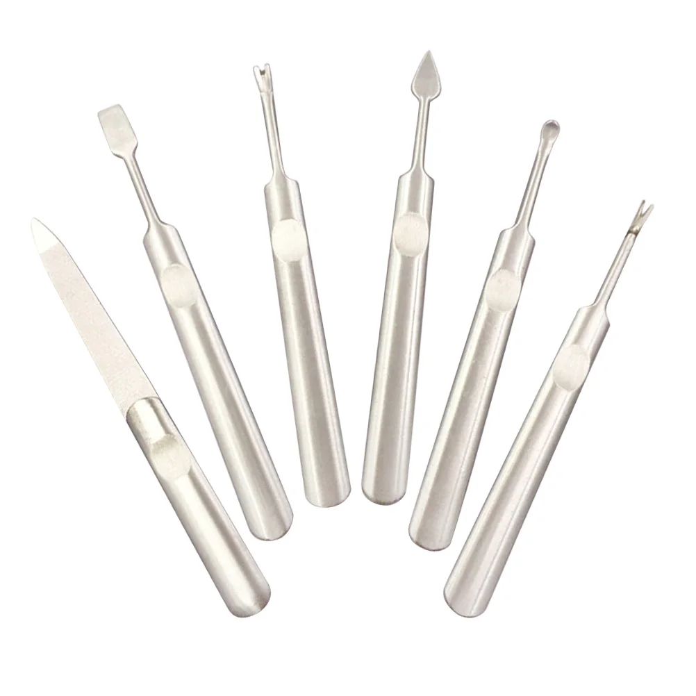 1 conjunto de ferramentas para arte em unhas, aço inoxidável, lixa, empurrar pele morta, garfo, cabo longo, profissional, aparador de cutícula, removedor prático