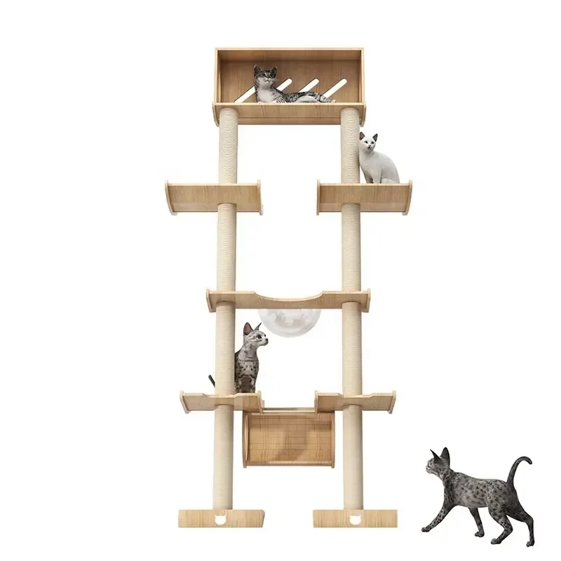 No Drills Needed Large Indoor Wooden Cat Tree Lean on Wall Steady Solid Cat Climbing Frame Against the Wall for Cats
