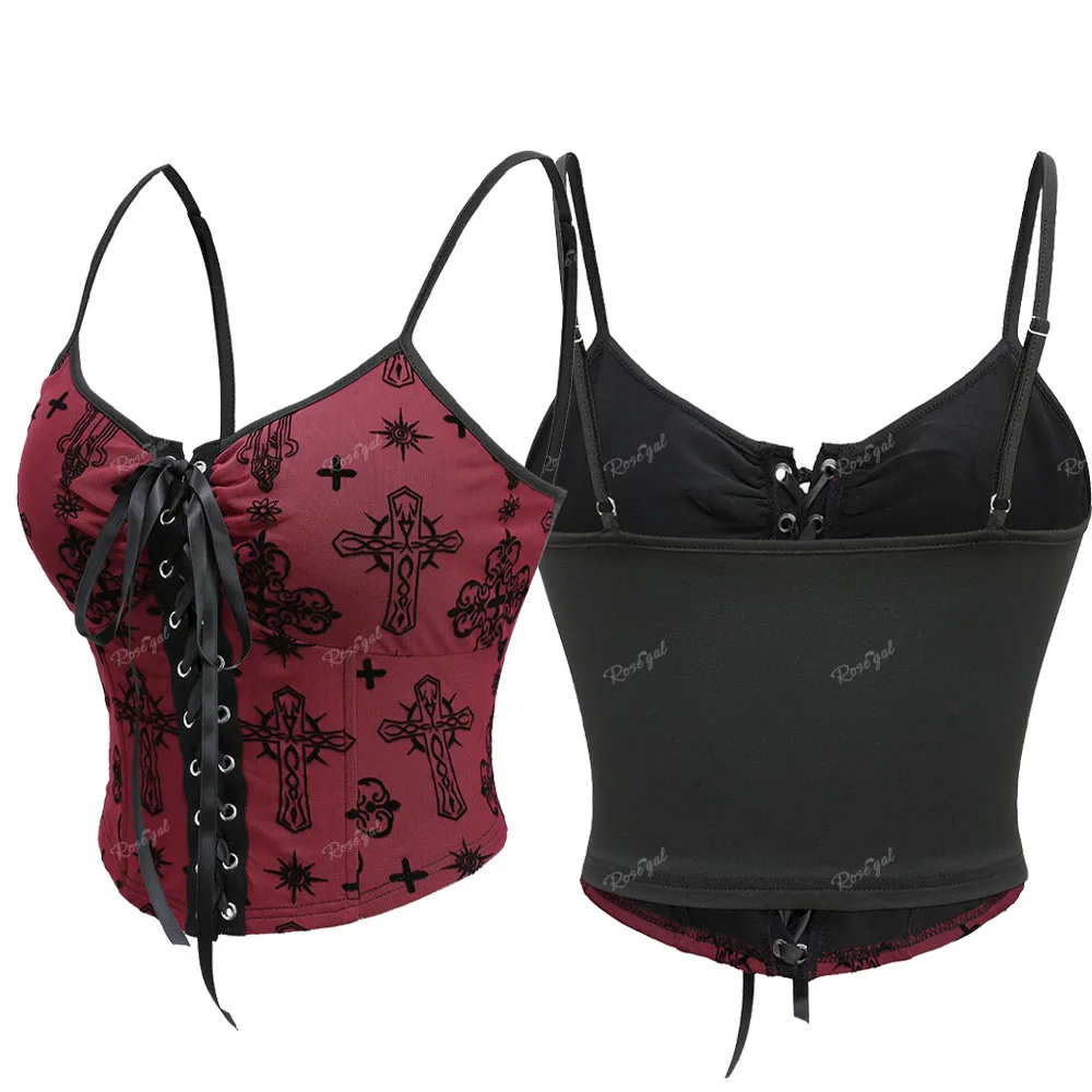 ROSEGAL Gothic Women's Corset Tops Red Adjusted-straps Grommets Lace Up Floral Cross Sun Flocking Mesh Cami Corset