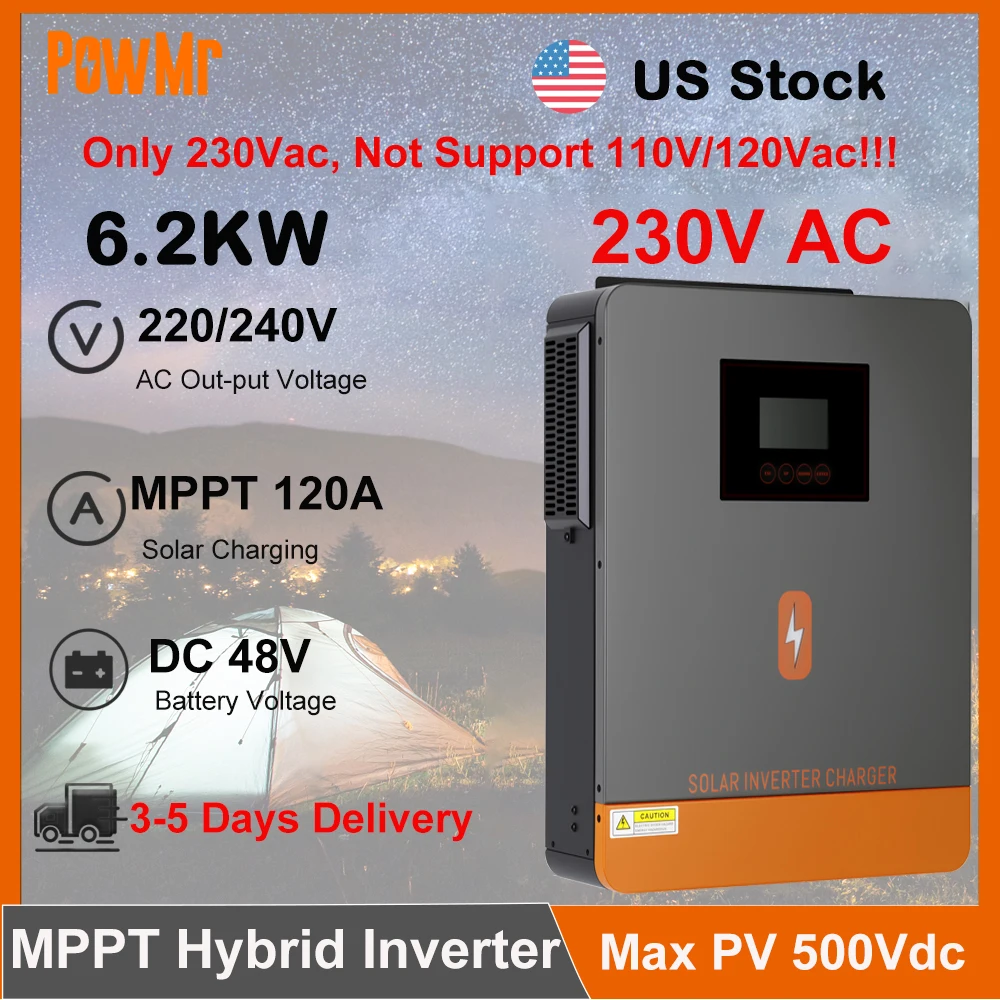 US Stock 6.2KW 48V Hybrid Inverter 120A MPPT Solar Charger Controller 230V AC Pure Sine Wave Off-Grid Inversor Fit Lithium Batteria for Home Use