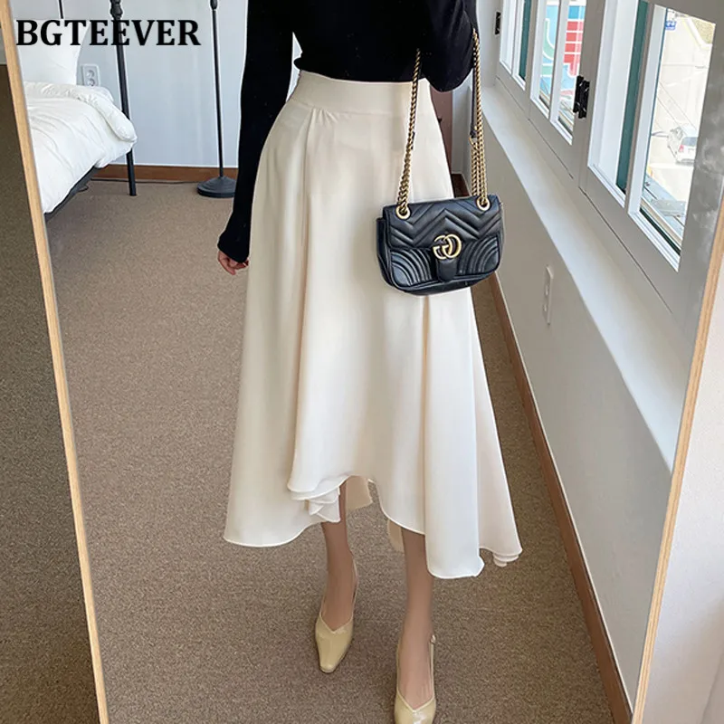 

BGTEEVER Elegant Loose Pockets Female A-line Skirts Spring Summer Irregular Women Chiffon Skirts Ladies Midi Skirts