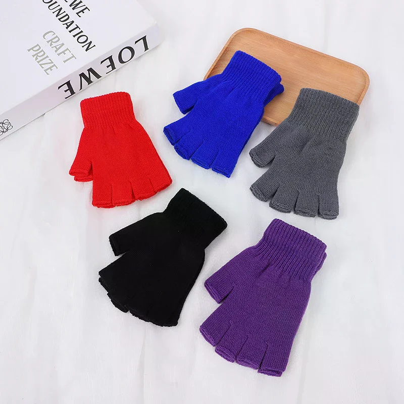 Pair Colorful Knitted Short Half Finger Gloves Autumn Winter Knitted Elastic Warm Wrist Glove Solid Color Cycling Accessories 1