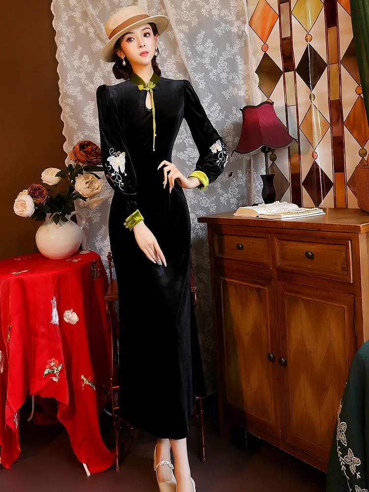 

Элегантное длинное бархатное платье-ципао для женщин, осенне-зимнее, вечернее, черное, с прямым воротником, без разреза, чисто черное, размер S