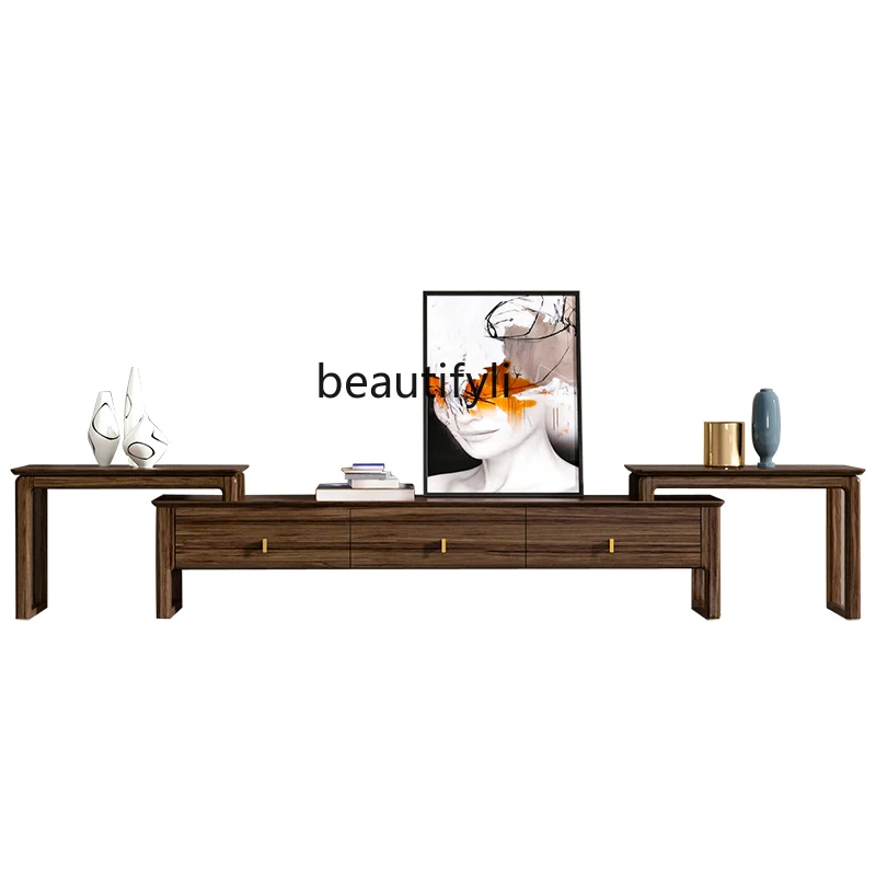 

Modern Minimalist Solid Wood TV Cabinet Ugyen Wood Living Room with Shelf Width Retractable