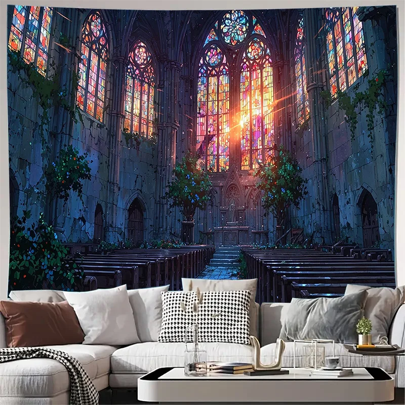 Stained Glass Cathedral Interior Sunlight Wall Tapestry Machine Washable All Season Decor Art Print Gothic Church Design Home