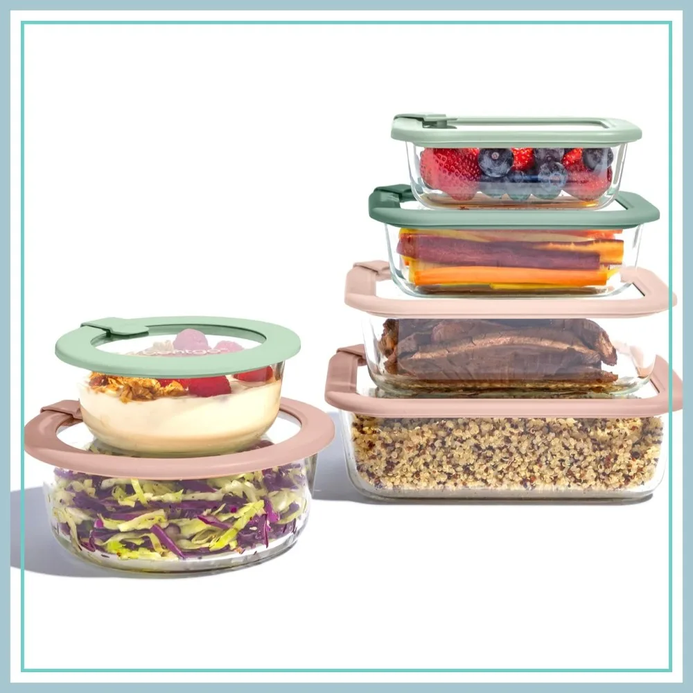 

12-Piece Leak-Proof Glass Food Storage Set, 1-Compartment Meal Prep Containers with Airtight Lids, BPA-Free, Microwave Freezer Oven Dishwasher Safe (Sage)