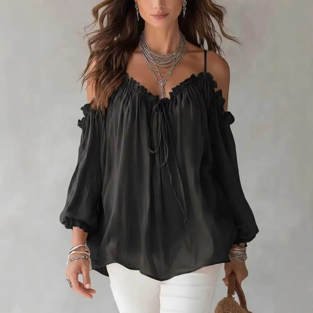 Women Tops, Loose Fit Puff Long Sleeve Shirt, Sling Off Shoulder Pullover Tops, Pure Color Casual Blouse For Work Parties Vacati