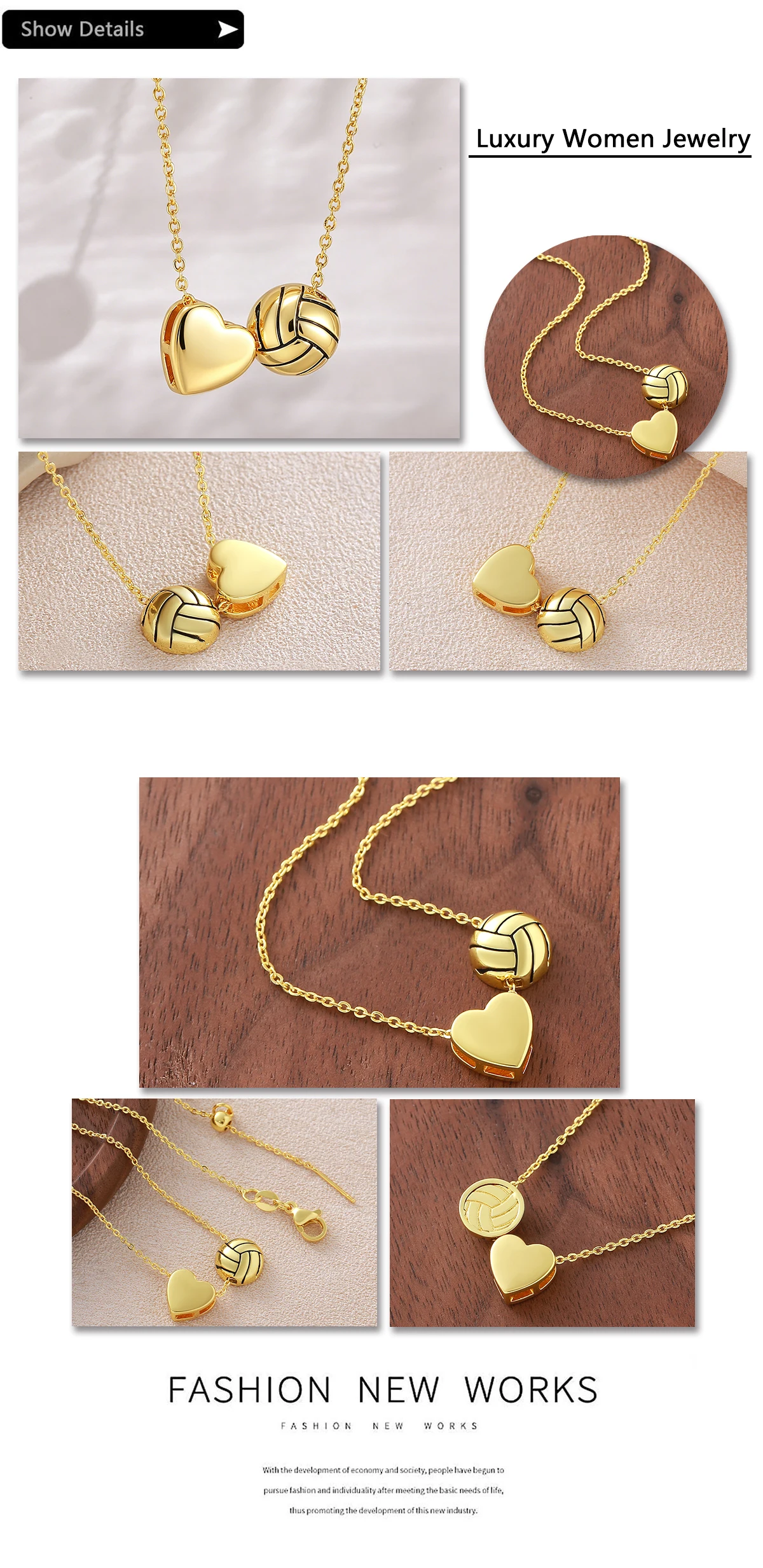 MHS.SUN vergoldete Halsketten mit Herz- und Volleyball-Anhänger für Damen und Herren, modische Ball-Sport-Kette, täglicher Party-Schmuck, 1 Stück – Detail 16