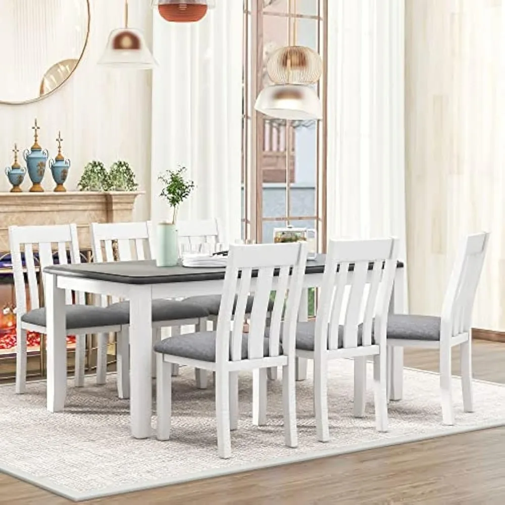 7-Piece Dining Table Set Wood Rectangular Extendable Dining Table and Six Upholstered Chairs Modern Dining Set for 6 People Ide