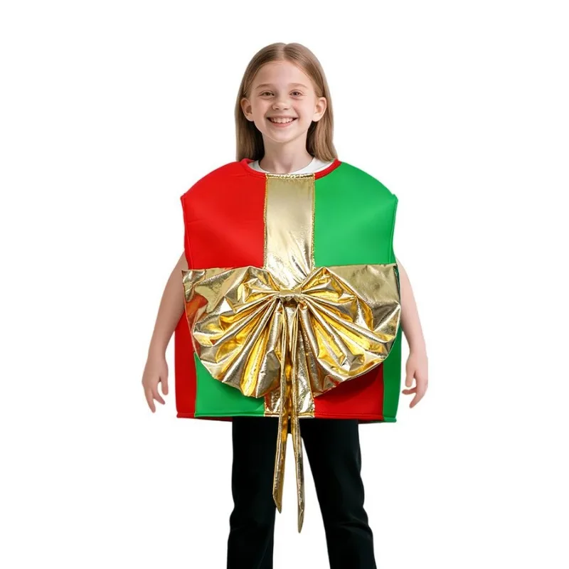 صندوق هدايا عيد الميلاد سانتا كلوز، زي إسفنجي مضحك مع أداء مرحلة المدرسة للرأس للأولاد والبنات مقاس واحد