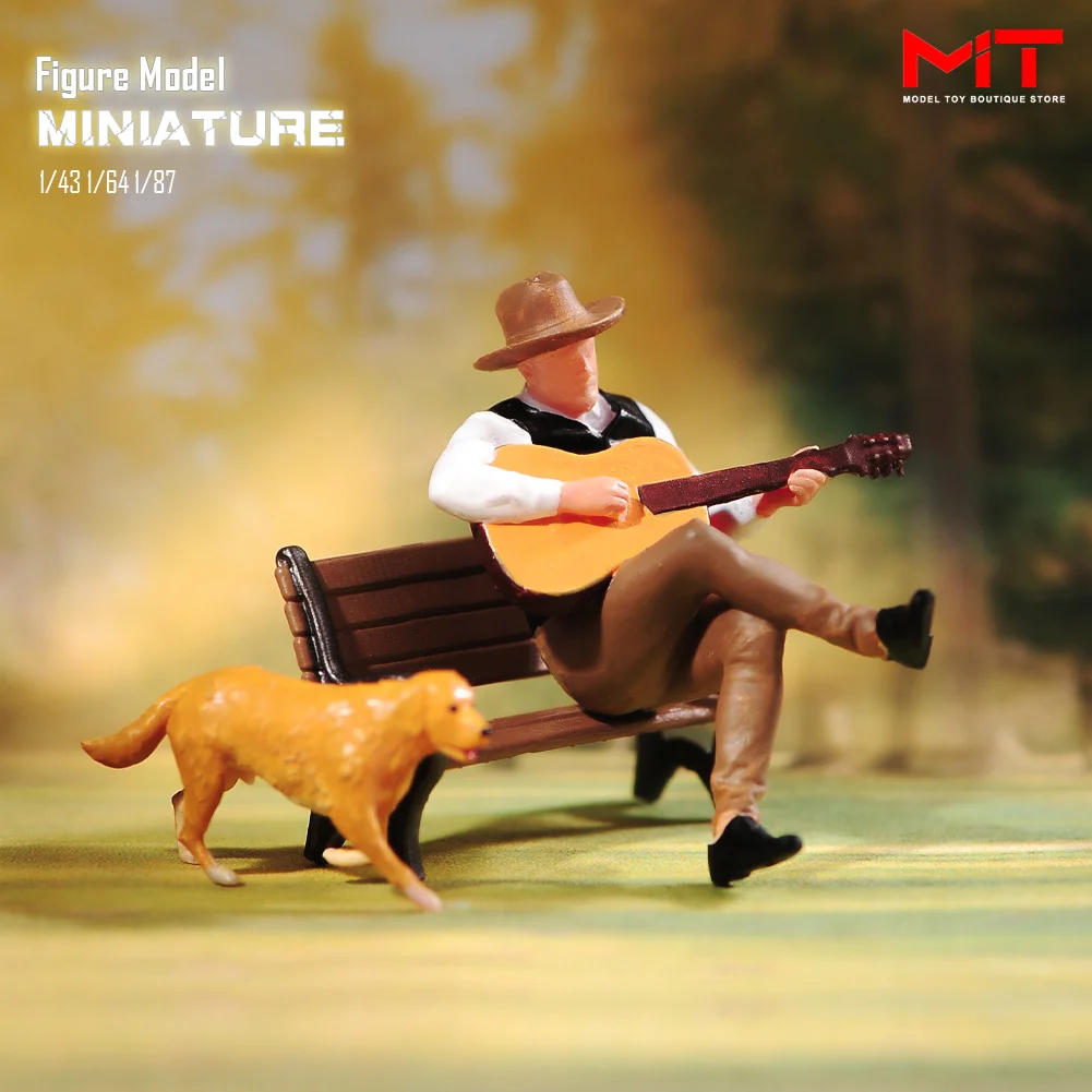 Miniature Figurines 1/87 1/64 1/43 1/24 Man Wear Hat Playing Guitar Male Sit on Bench Figure Creative Scene Props Diorama Model