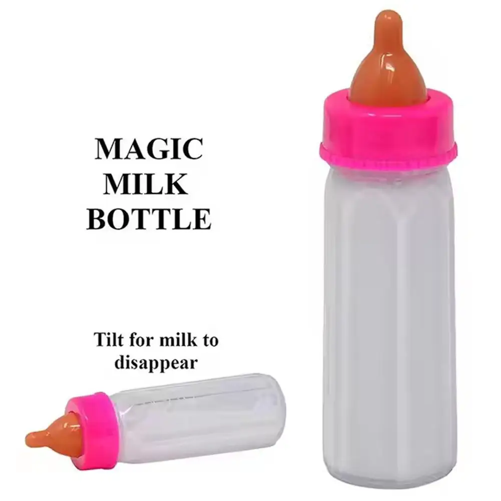 젖꼭지 턱받이 달린 마술 우유 주스 병, 18 인치 인형, 플라스틱 젖꼭지 병, 다시 태어난 장난감
