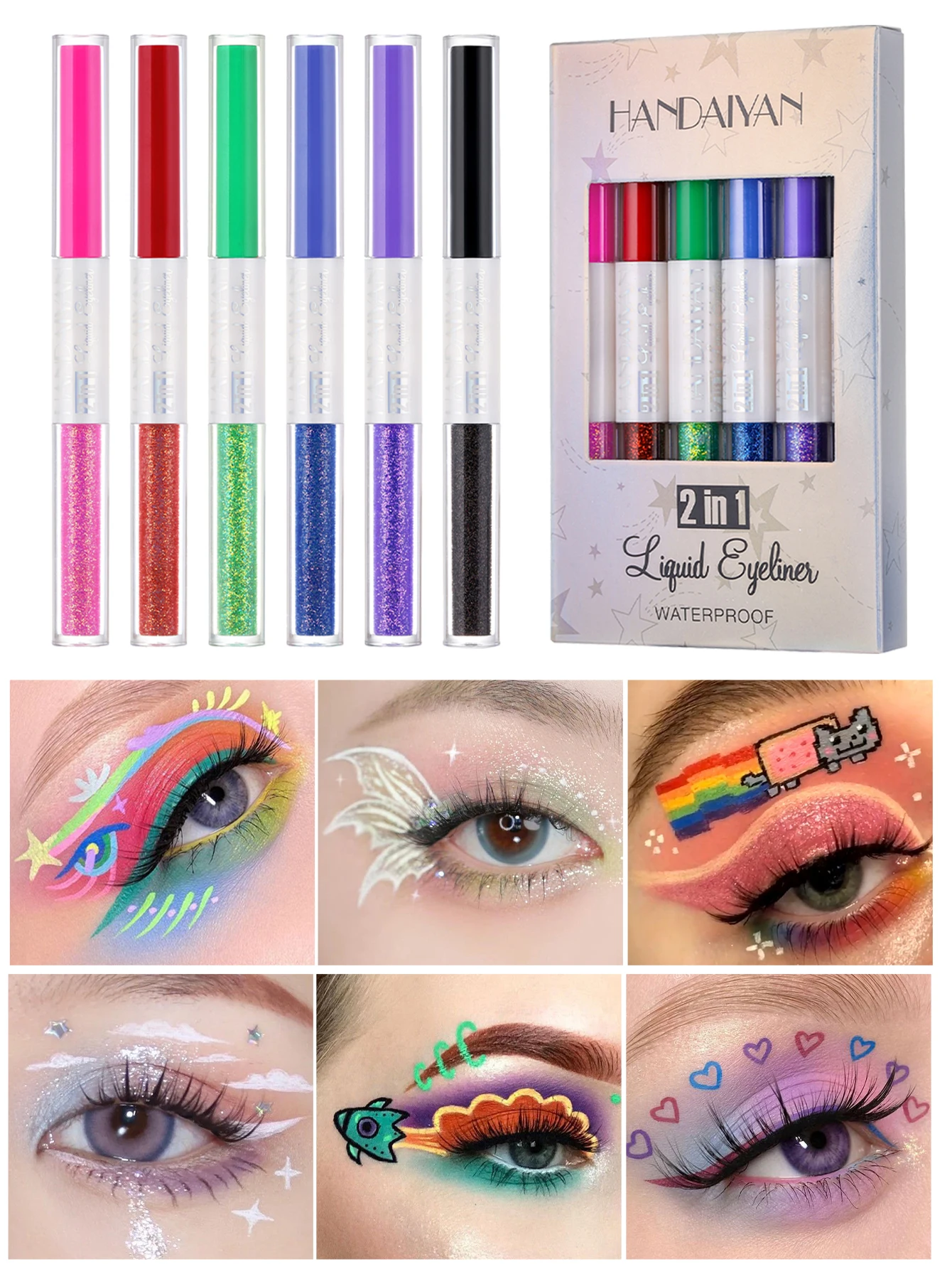 HANDAIYAN 6 pcs Double Headed Liquid Eyeliner Set Colorful Matte Glitter Eye Liner Pens Long-lasting Eyes Makeup Cosmetics