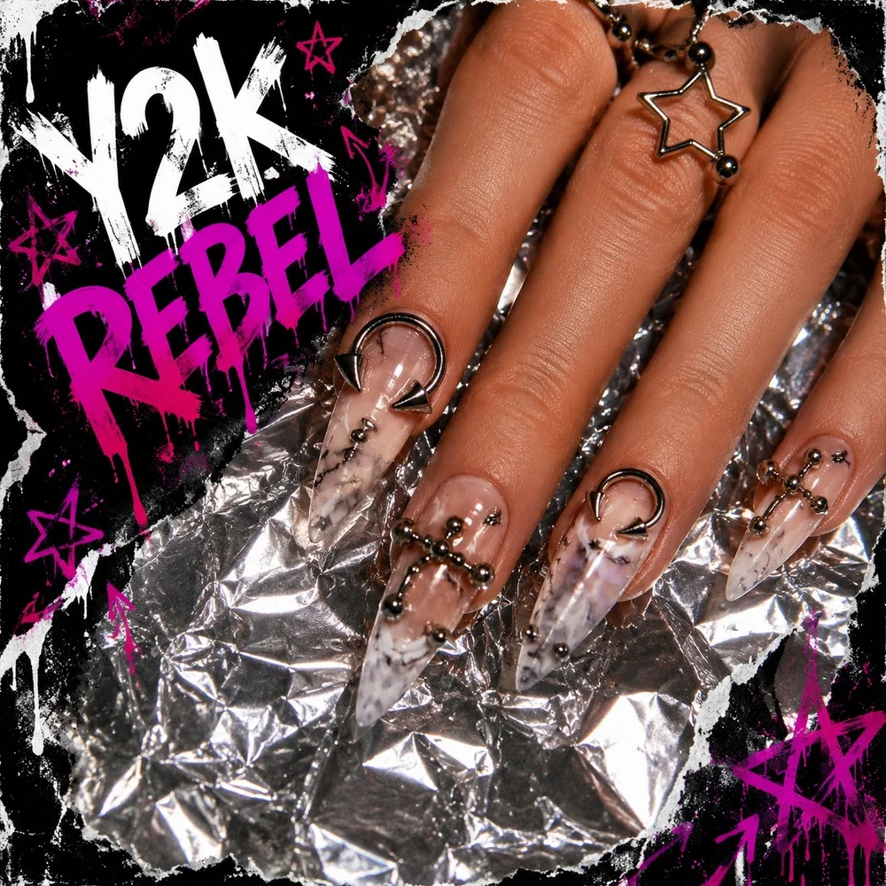 120Pcs Rock Punk Piercing Style Alloy Nail Ornaments Silver Star Safety Pin Ring Charms Halloween Party Goth Nail Supplies