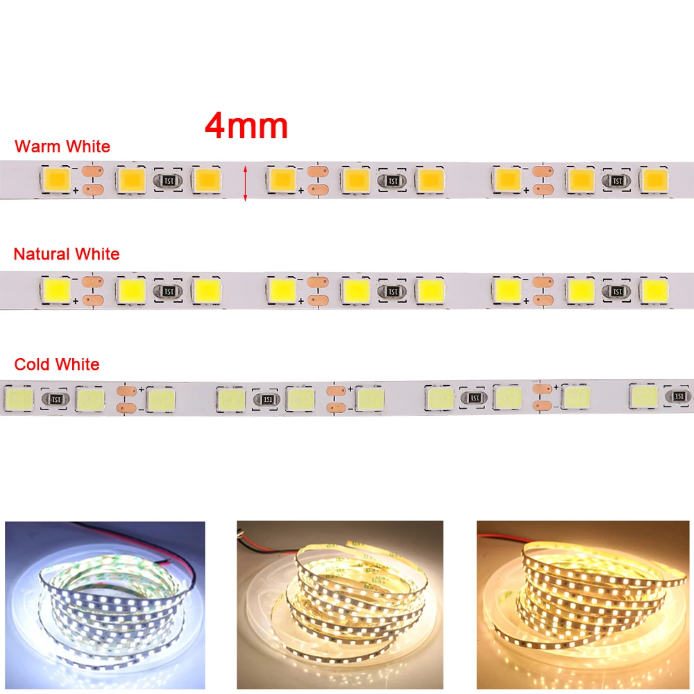 

4mm Narrow Width LED Strip Light 5M DC12V 2835 120Leds/m tape Rope Light Flexible LED Ribbon Backlight Lamp White Warm Natural