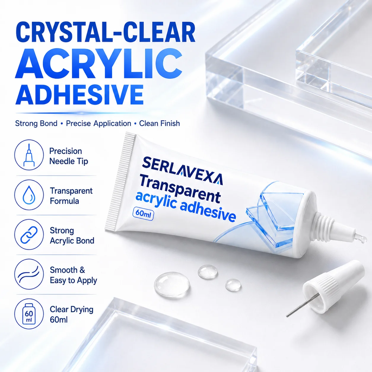 Transparent Acrylic Adhesive 60ml Clear Glue for Acrylic Plastic Sheet Crafts Models Display DIY Bonding Repair Fine Tip