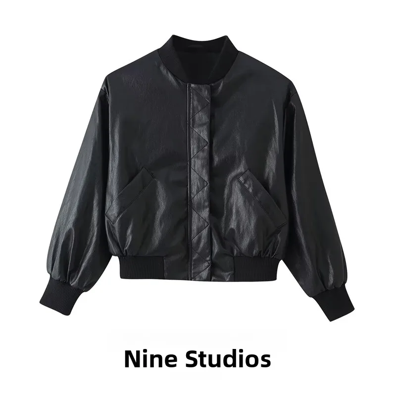 Leather Effect Shoulder Pad Short Pilot Jacket NINE ZAR Women's Fashion Zipper Closure Long Sleeve Spring Season Outerwear