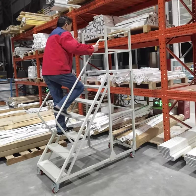 Custom  Rolling Pick up Step Ladder Warehouse Climbing 4 Wheeled Movable Large Steel Platform Portable Step Ladder for Warehouse
