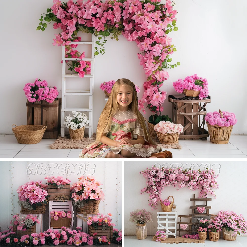 Spring Photography Backdrop Pink Flower Arrangement Baskets White Wooden Ladder Love Birthday Portrait Background Photo Studio