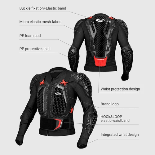 Imagen 2 del producto Chaqueta de motocicleta de verano para hombre, armadura corporal, armadura de motocicleta, chaqueta de carreras de Motocross, protección para Moto, negro y rojo