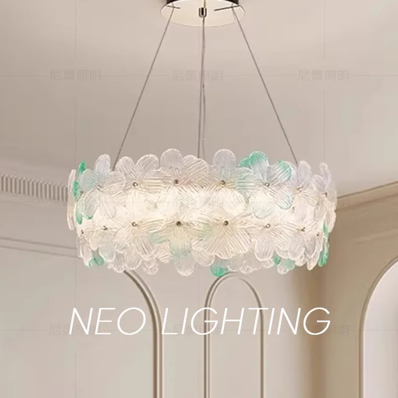 Modern Luxury LED Pendant Lamp Four-color Glass Adjustable Height Flower Petal Chandelier for Living Room Bedroom Dining Room