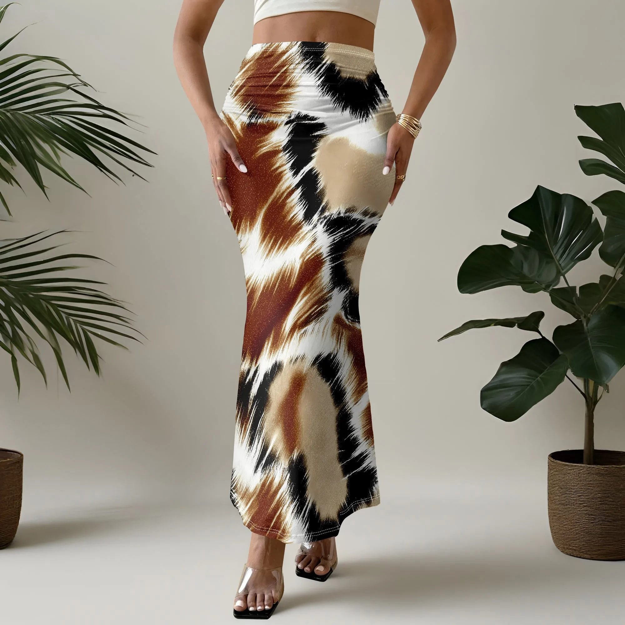 Animal Print Skirt, Brown Leopard Midi Skirt, High Waist Mermaid Hem, Summer Beach Vacation Wear, S-3XL