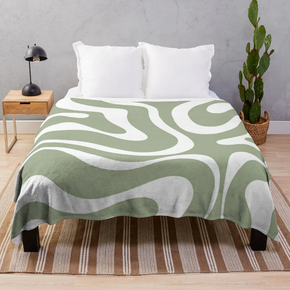 

Liquid Swirl Abstract Pattern in Sage Green and White Throw Blanket blanket luxury brand