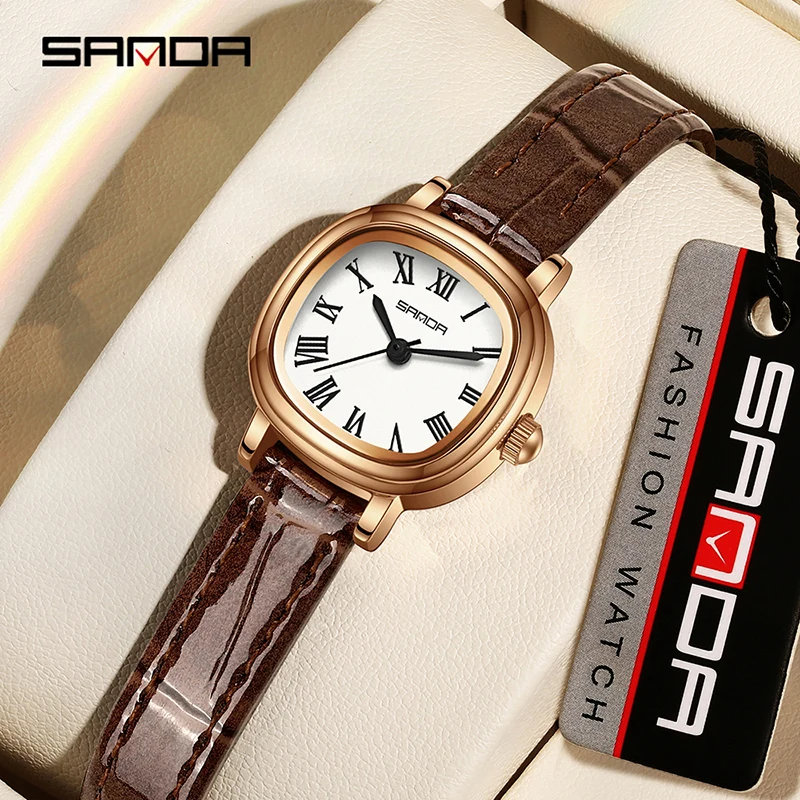 

SANDA 1137 Women Quartz Watch Fashion Elegant Brown Black Simple Roman Analog Display Leather Strap Wristwatch for Ladies