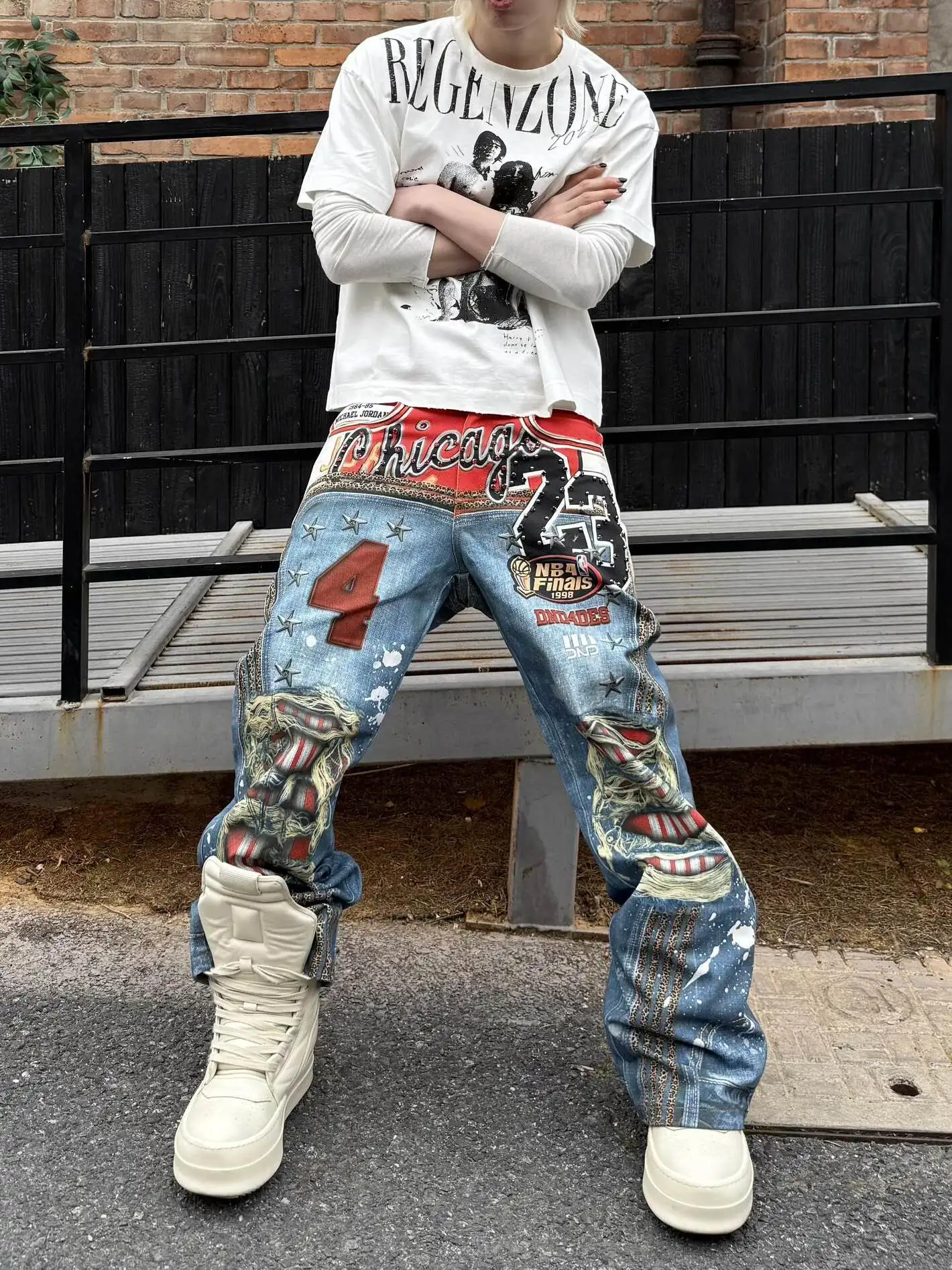 American Street Style Digital 3D Printed Versatile Men's Jeans Hip Hop Wide Leg Long Pants Casual Loose Fit Denim Trousers
