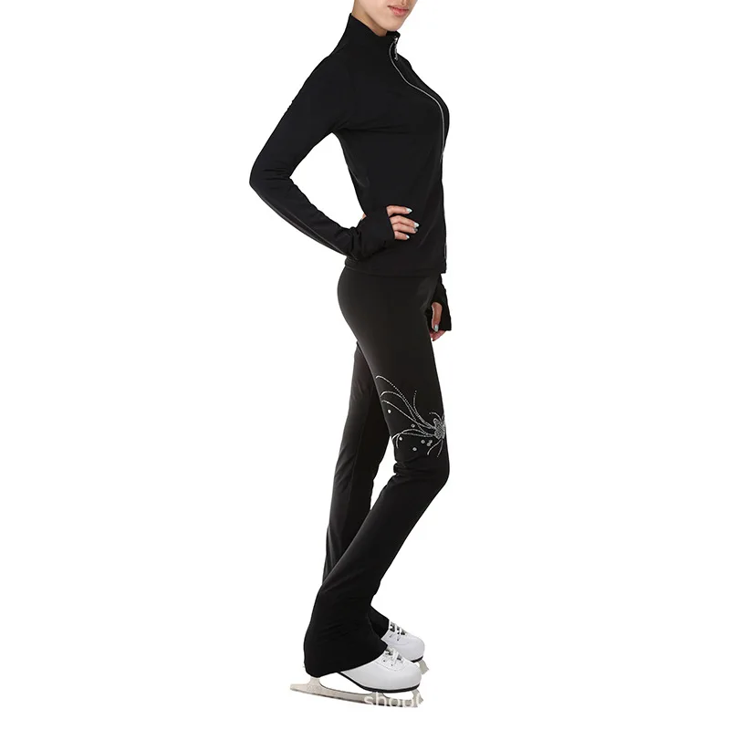 customized children's girls' adult figure skating suit set top jacket long pants black with velvet butterfly hotfix rhinestone