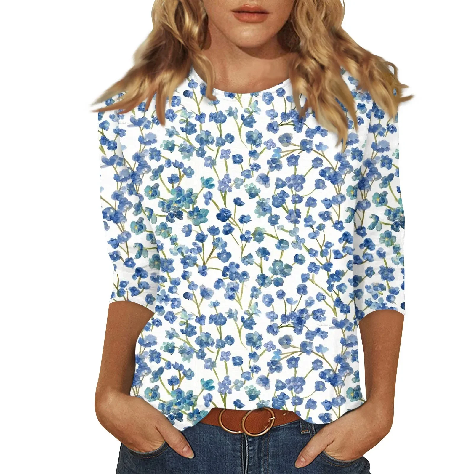 

Ladies New Button Round Neck Fashion Print 3/4 Sleeve Vintage Print T-Shirt Slim Fit Casual Tops Women's Clothing Discount Items