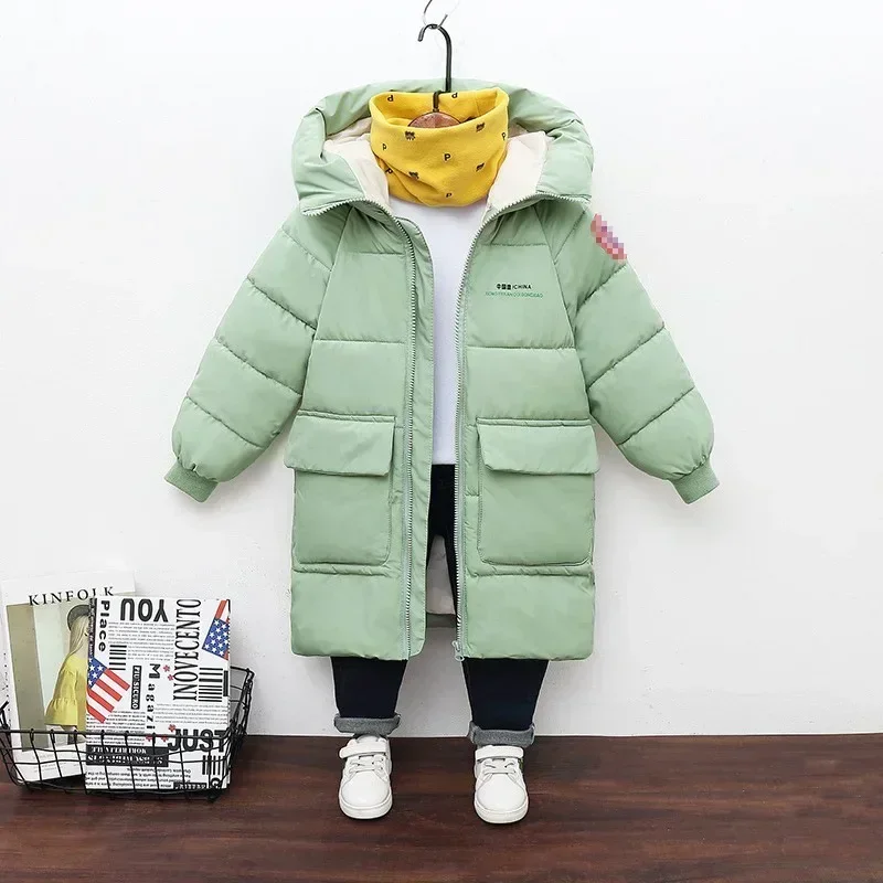 New Winter Boys Jacket Solid Color Mid-Length Keep Warm Cold Protection Hooded Down Cotton Windbreaker Coats For