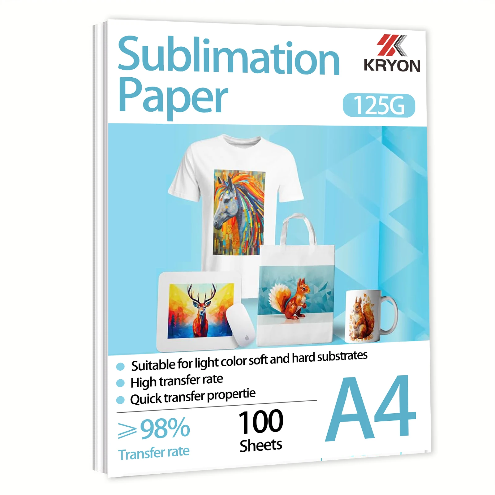 ورق تسامي للطابعات مقاس A4 مقاس 8.3 × 11.7 بوصة 100 ورقة، 125 جرامًا للمتر المربع للطابعة النافثة للحبر، ورق تسامي نقل الحرارة