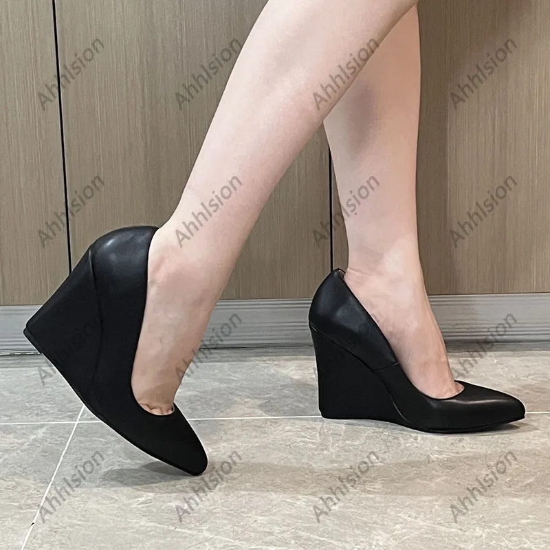 Ahhlsion Real Photos Women Summer Pumps Comfort Wedges Heels Pointed Toe Pretty Black Casual Shoes Ladies US Plus Size 5-15