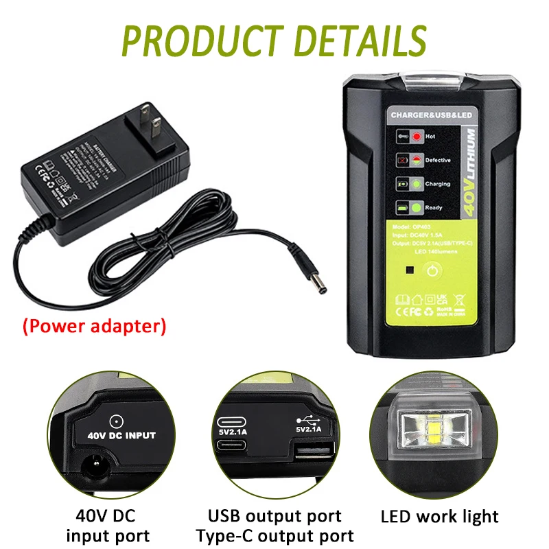 Caricabatterie adattatore per utensili elettrici con luce da lavoro a LED per batteria agli ioni di litio RYOBI 36-40V con uscita USB Type-C 5V 2.1A