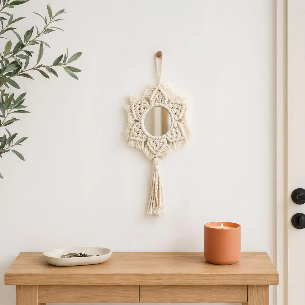 Hand Knitted Hanging Wall Mirror Boho Fringe Round Mirror Handmade Flower Shape Mirror for Apartment Living Room Home Decor