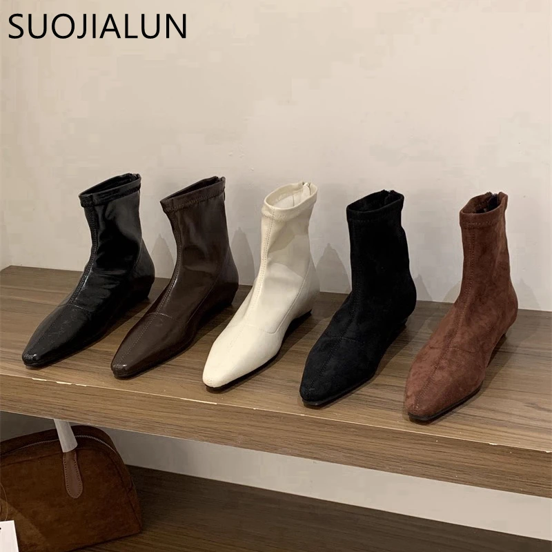 

SUOJIALUN Winter New Brand Women Ankle Boots Fashion Square Low Heel Casual Short Boots Back Zip Ladies Dress Chelsea Boost