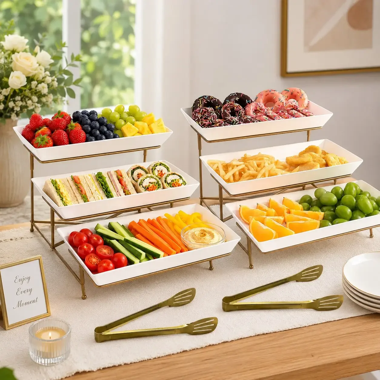2 Sets 3-Tier Serving Trays With 2 Tongs, Gold Frame White Platters, Detachable Food Display Stand For Desserts & Parties