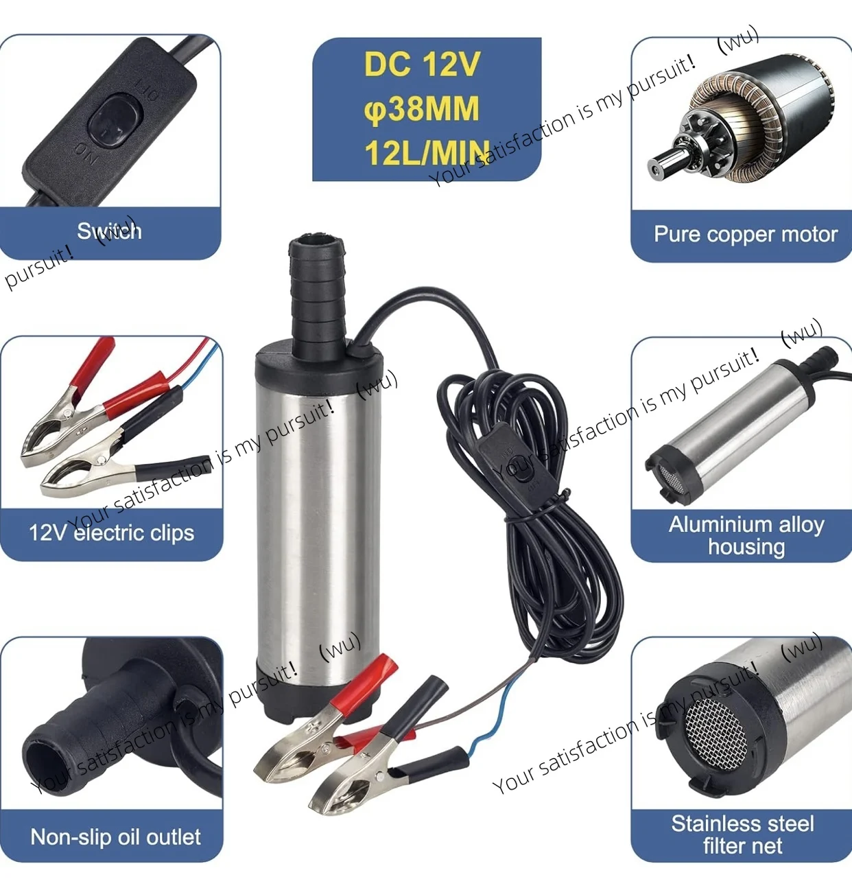 12V 38mm diesel and oil submersible pump with filter, 12 liters/minute stainless steel electric water pump for fuel delivery