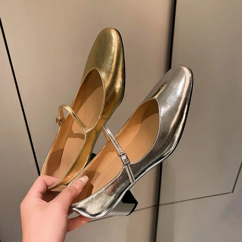 

Phoentin 2024 new women's elegant round toe buckle strap mary janes shoes mid heels lady party golden silver Pumps FT3253
