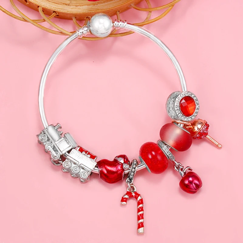 Christmas Train & Apple & Candy Charm Bead With Pendant Fit DIY Fashion Brand Bracelet For Women & Kids Xmas Jewelry Gift