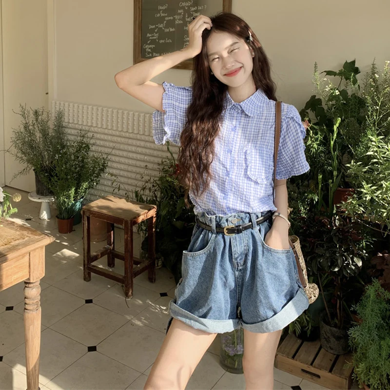 Korean Ruffles Short Sleeve Plaid Shirt Women Preppy Style Sweet Turn Down Collar Blouse Woman Summer Pocket Button Up Shirts 6