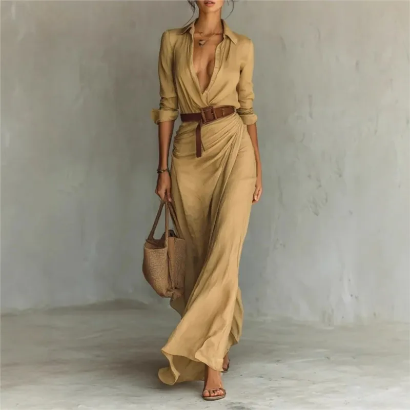

Elegant Solid Color Irregular Pleated Dress Belt Women's Autumn New Item Single Breasted Long Sleeved Shirt Long Frock Vestidos